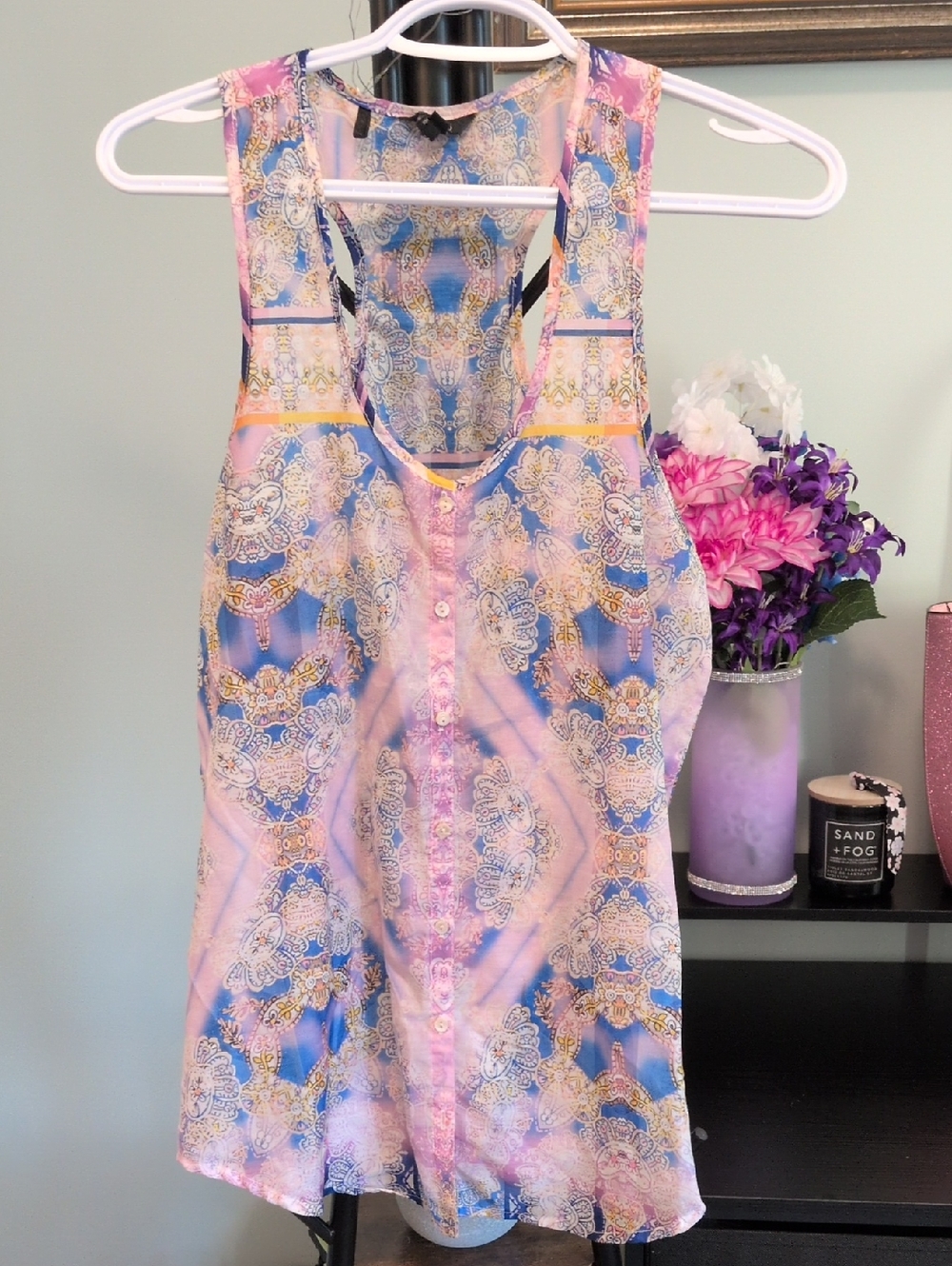 Vintage Buffalo David Bitton Pink Blue Paisley-Print Sleeveless Button-Front Top